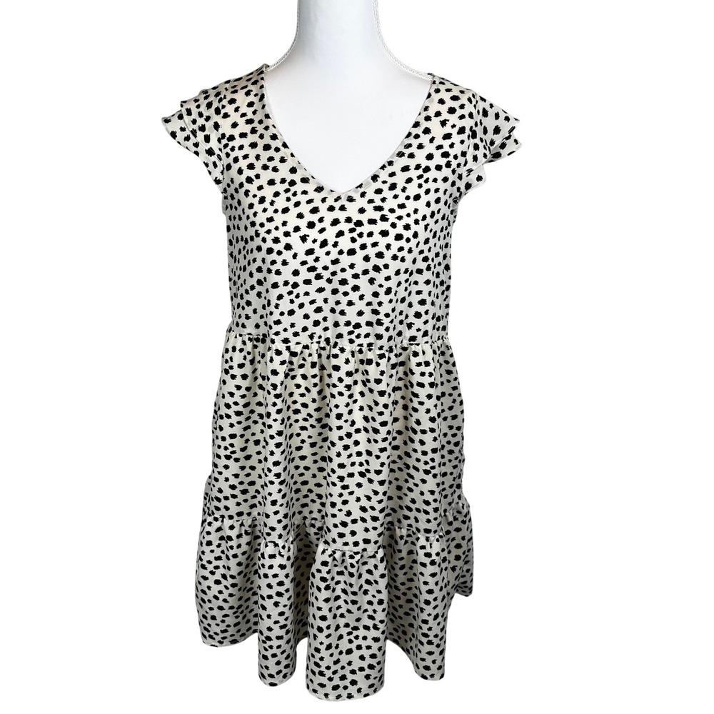FSL apparel Abstract‎ Polka Dot Tiered Dress V-Neck Tie Back Cap Sleeve-Small